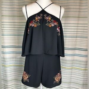 Chic Black Floral Embroidered Shorts Romper - Size Large one piece outfit